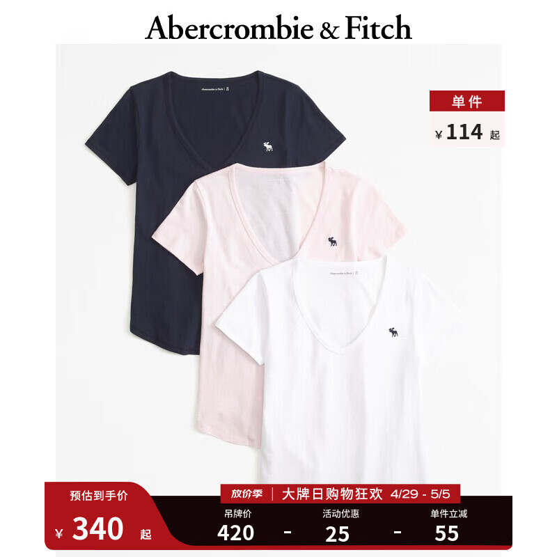 Abercrombie & Fitch 女装套装 24春夏3件装短袖小麋鹿V领T恤 358134-1 白色 XL (170/112A) 339.7元