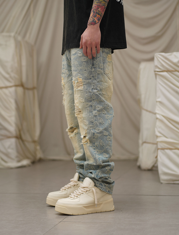 1807 男士复古腰果花破洞牛仔裤 