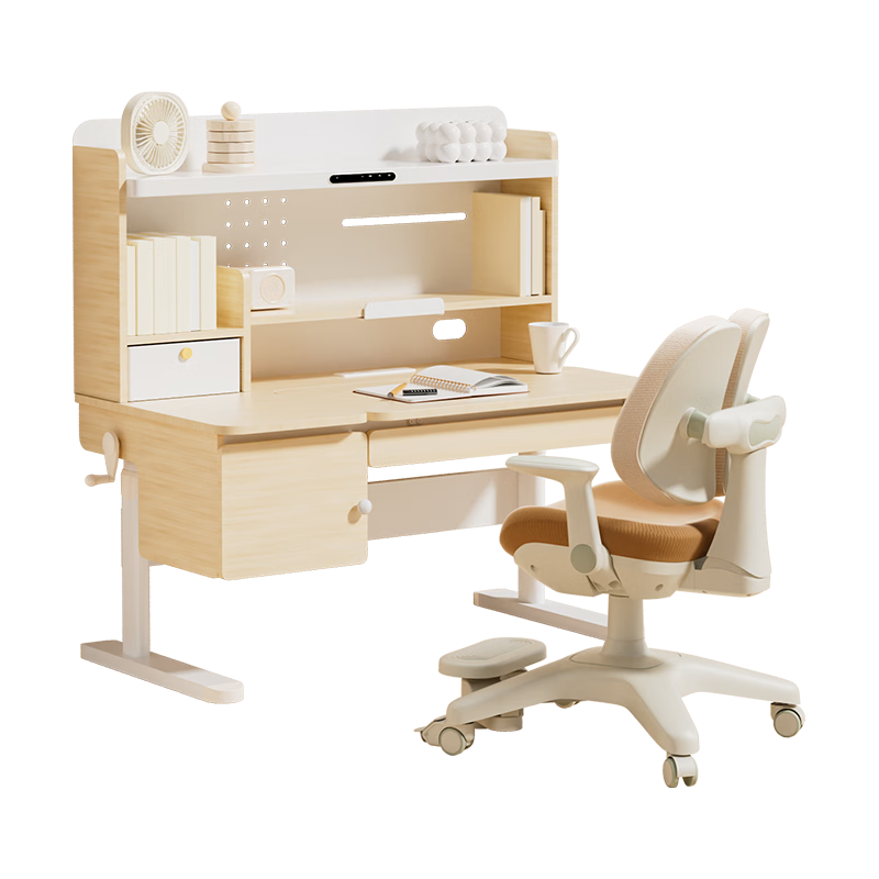 京东京造 领航家2.0双光源橡胶木儿童学习书桌椅套装升降写字桌1.2m棕 橡胶