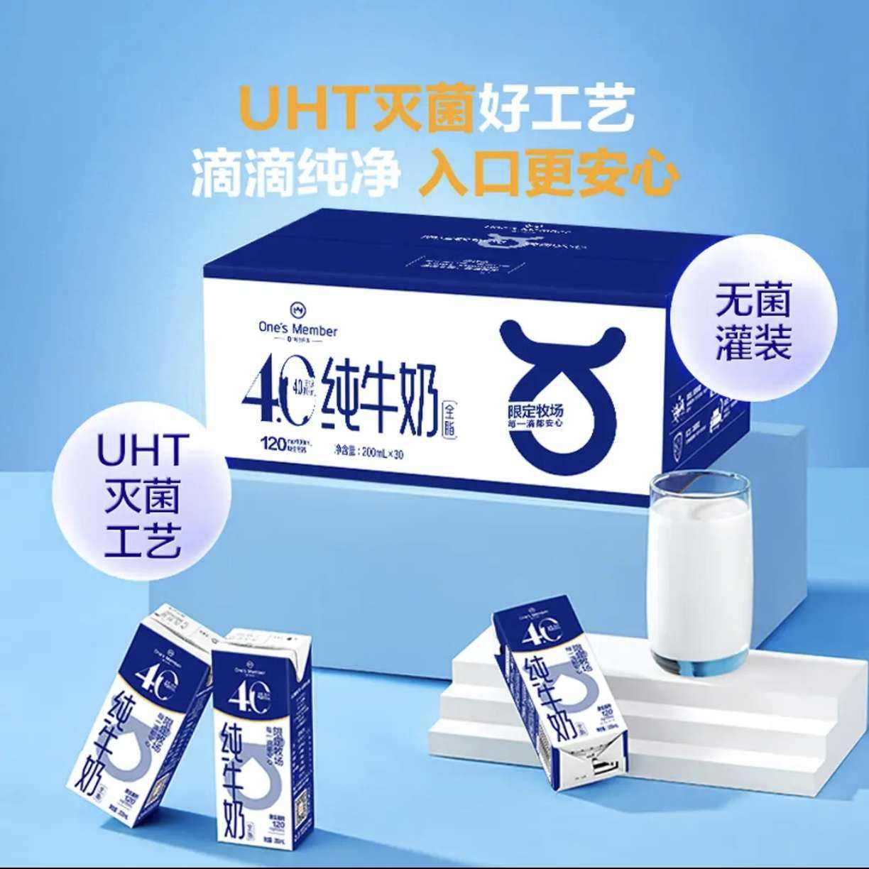 再降价：Ones Member 4.0g蛋白全脂纯牛奶 200ml 30盒 *2件---52.86元/件（共105.72元）