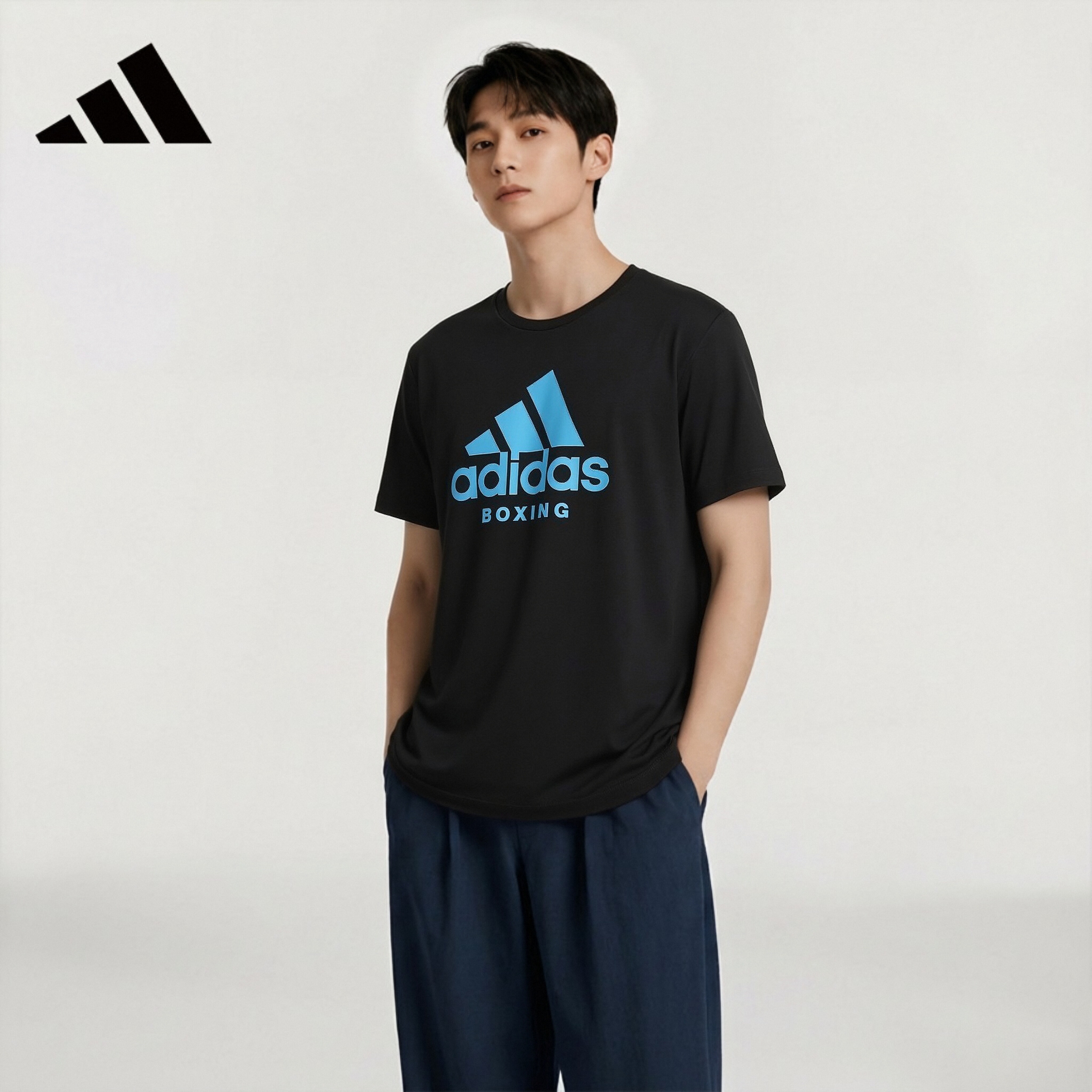 adidas 透气快干 男士运动T恤 黑蓝 2XL 56元