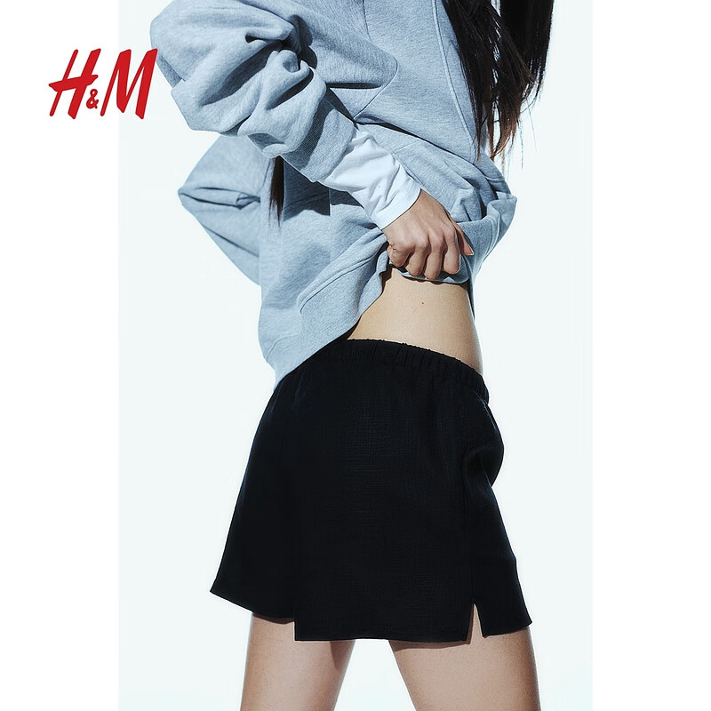 H&M HM 女装休闲裤抽绳短裤1225358 黑色 160/72A 57元