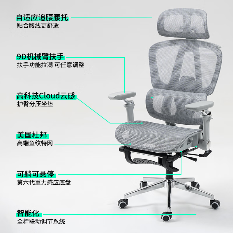 优兰森 人体工学椅9D扶手 T606云灰可躺-钢制脚- 479元包邮（双重优惠）