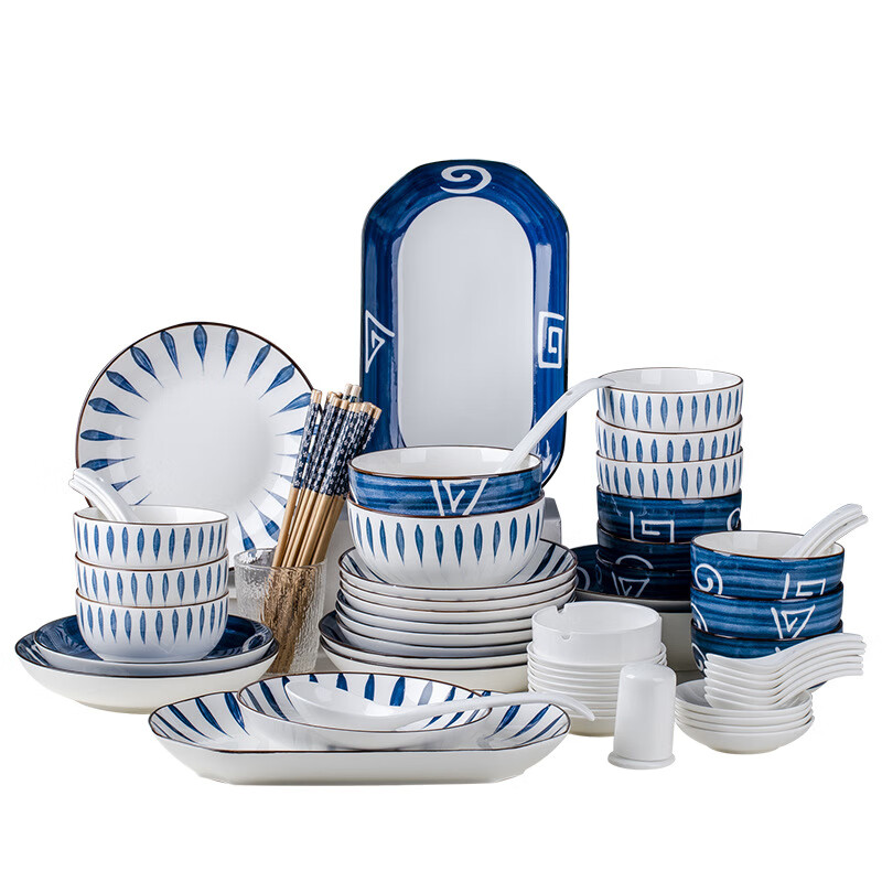 KANQIN 康琴 日式餐具碗碟套装家用组合碗鱼盘碟子陶瓷餐具 千叶草18件套 39.8