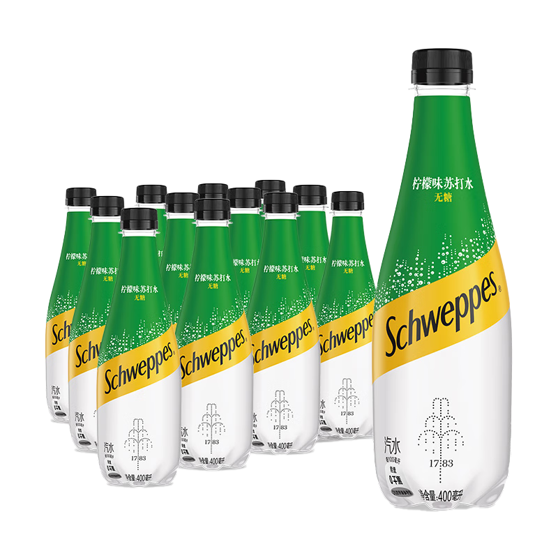 schweppes怡泉无糖零卡柠檬味苏打水400ml12瓶整箱装265元运费需用券
