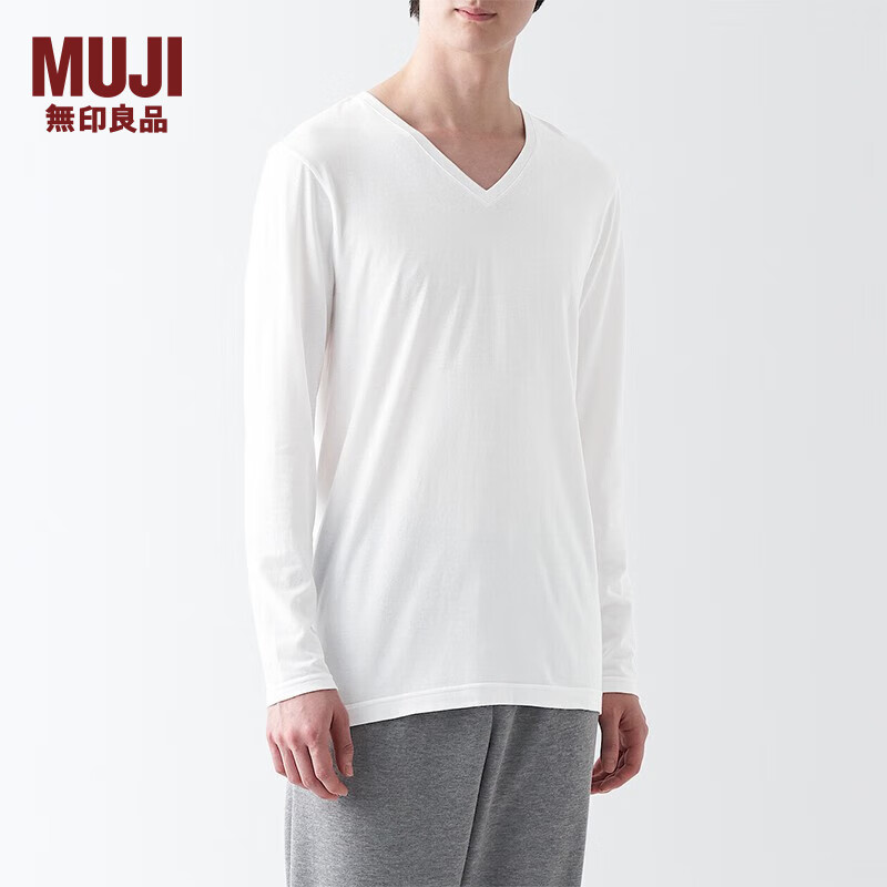 MUJI 無印良品 无印良品（MUJI）男式 棉冬季 V领 长袖T恤 打底衫 白色 L 48.74元