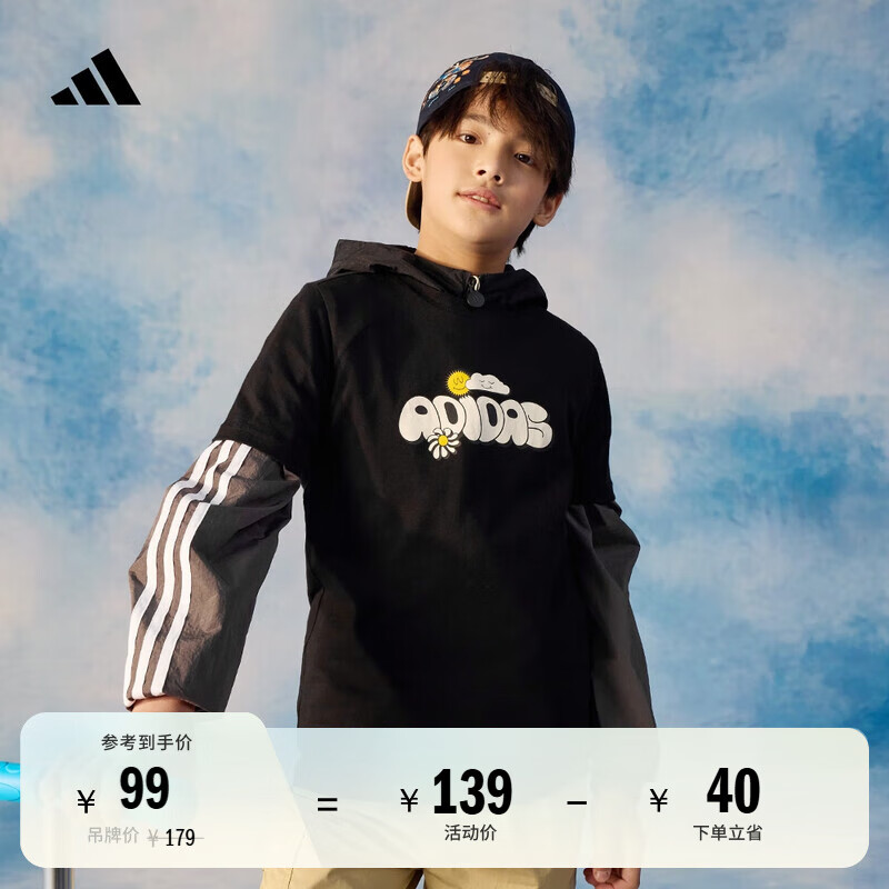 adidas 阿迪达斯 休闲印花纯棉圆领短袖T恤男女大童儿童阿迪达斯轻运动 黑色