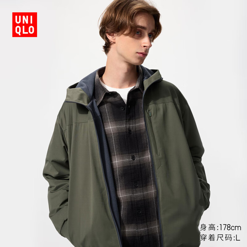 优衣库 防风摇粒绒拉链连帽开衫 深橄榄色 XL 199元