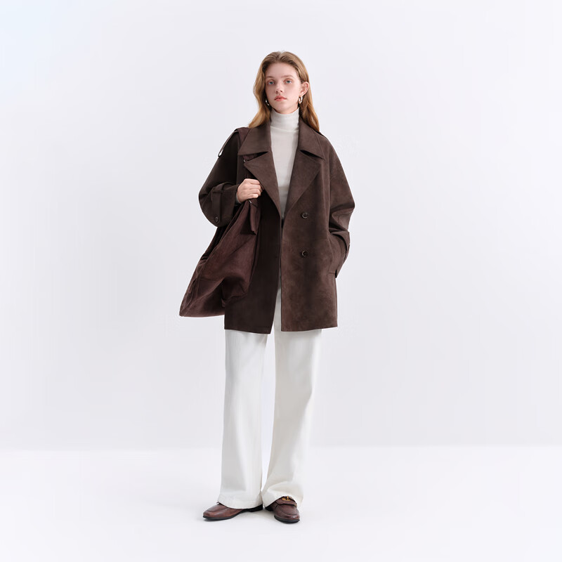 FANSILANEN 范思蓝恩 复古双排扣翻领宽松皮衣女2025冬休闲咖色外套4357 咖啡色 