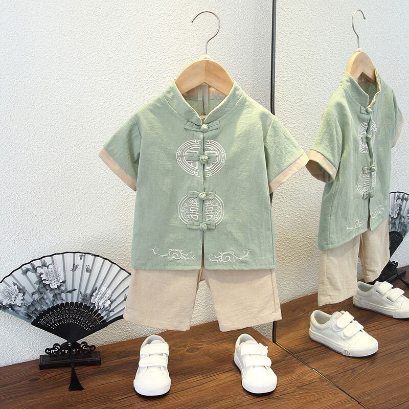 汉服夏季薄款套装夏装棉麻中国风 福字套装豆绿色 90 39.8元（需用券）