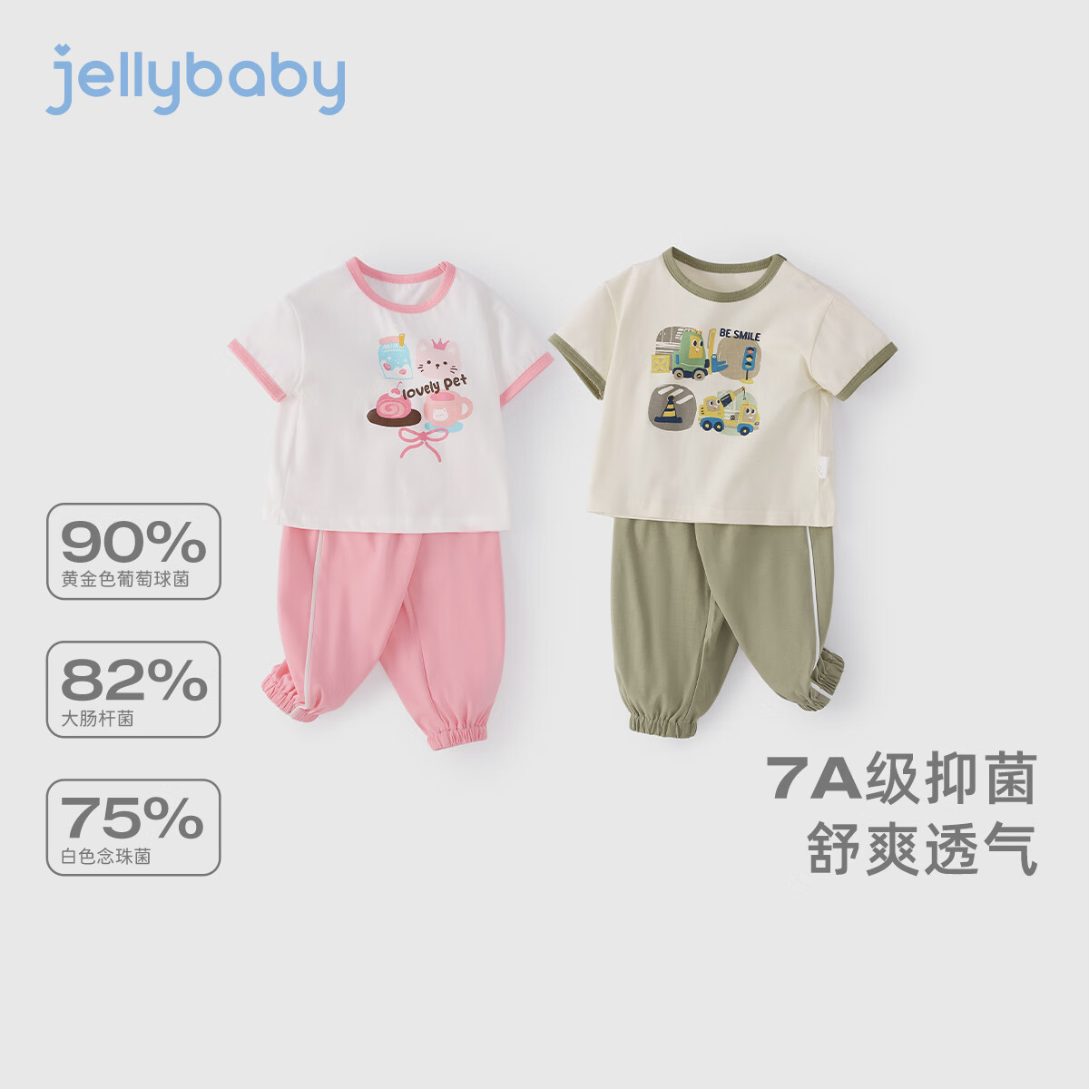 jellybaby 杰里贝比 儿童套装幼儿园宝宝上学穿搭套装t恤长裤整套装夏季简约休闲套装 浅绿 62.68元(需买3件,需用券)