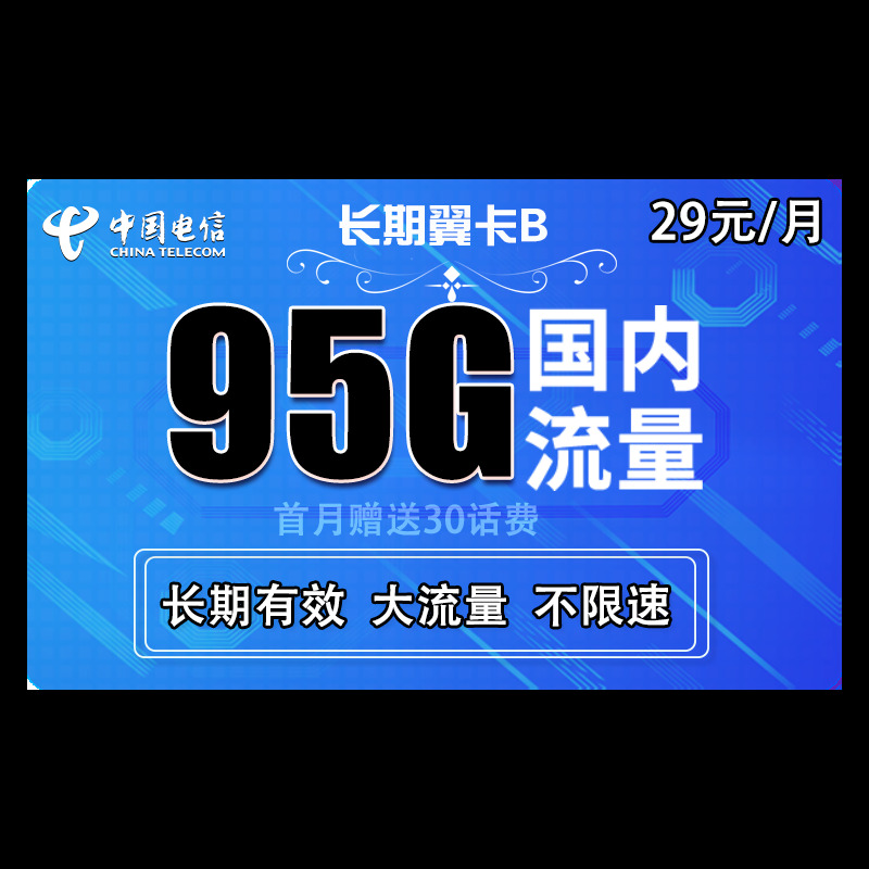 中国电信 5G长期翼卡B 29元每月95G全国流量卡 送30话费 可线上销户 永久可用 1.01元