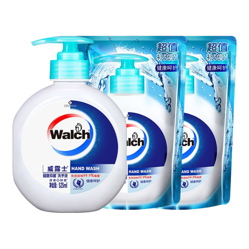 PLUS会员：Walch 威露士 健康抑菌洗手液 3件套装(525ml/瓶+525ml*2袋） 29.65元包邮