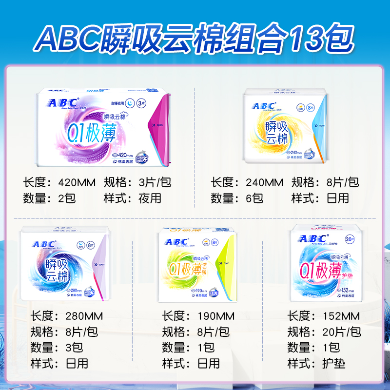 88VIP：ABC 卫生巾姨妈巾瞬吸极薄0.01云棉柔日夜超长组合装13包106片 56.91元