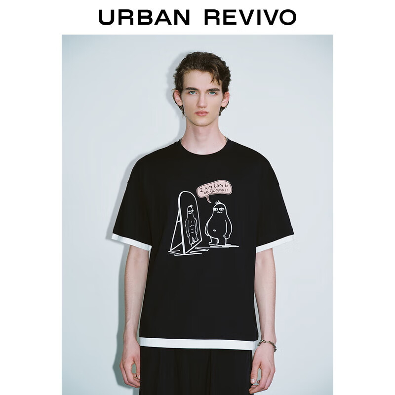 URBAN REVIVO UR2024夏季新款男装趣味撞色拼接印花图案短袖T恤UMV440102 139元（需