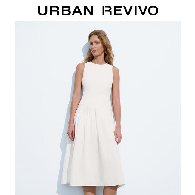 URBAN REVIVO 女装时尚休闲简约压褶长款无袖连衣裙 UWH740026 米白 M 179.1元