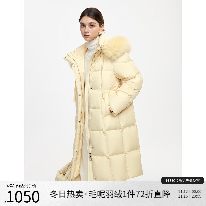 ZIQIAO 自巧 小个子狐狸毛领连帽羽绒服女中长款2024冬装新品加厚保暖外套 奶