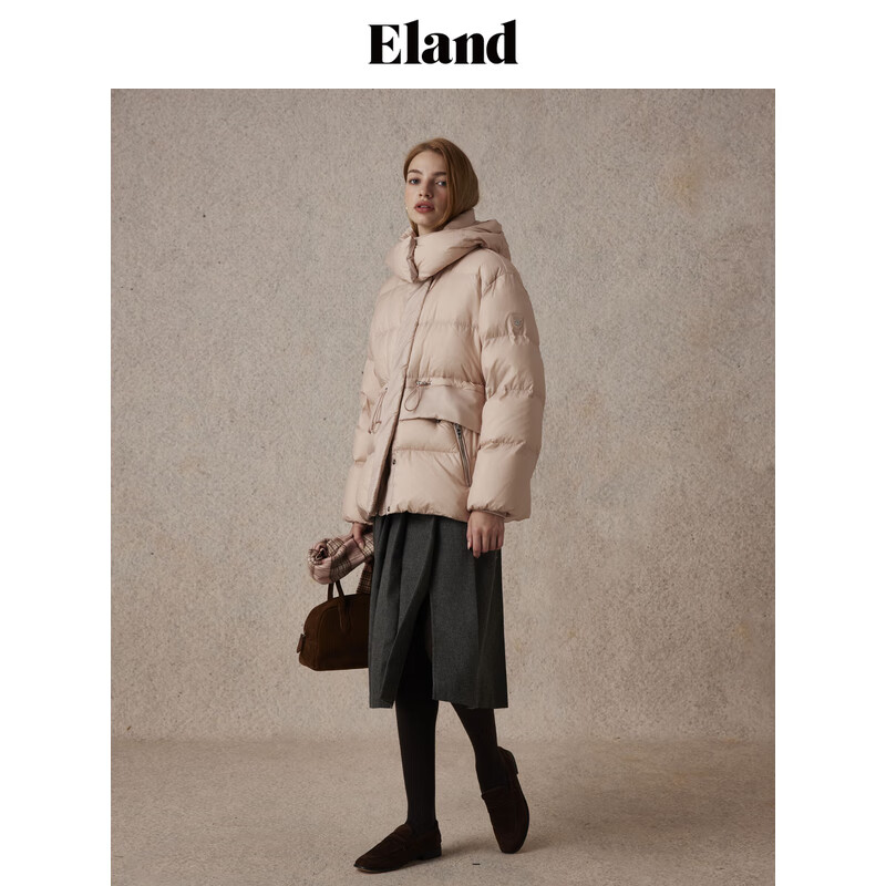 E·LAND 衣恋 ELAND衣恋羽绒服女纯色高领保暖收腰显瘦外套2024冬季新款 浅粉色