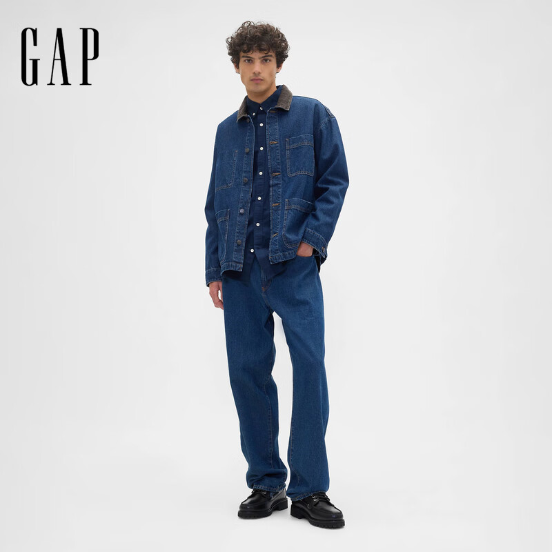Gap 男装2025秋季工装拼接翻领多口袋夹克休闲外套美版823703 深色水洗 S 美码 