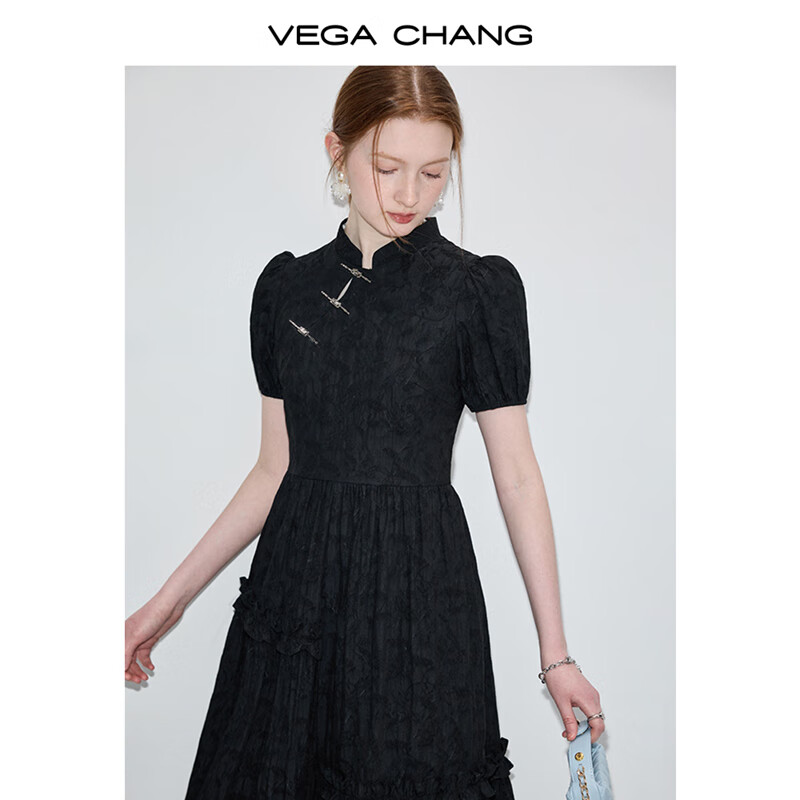 VEGA CHANG 新中式连衣裙女 夏季国风设计感提花黑色长裙 129元