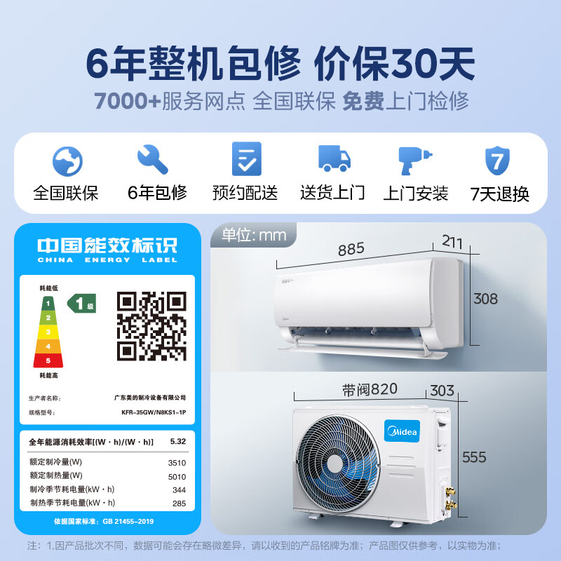 美的 酷省电pro系列 KFR-35GW/N8KS1-1P 新一级能效 壁挂式空调 1.5匹 2150.24元
