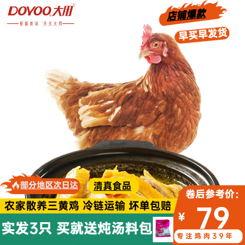 DOYOO 大用 新鲜三黄鸡 整只约850g/只炖汤滋补食材笨鸡走地鸡冷冻农家散养 65