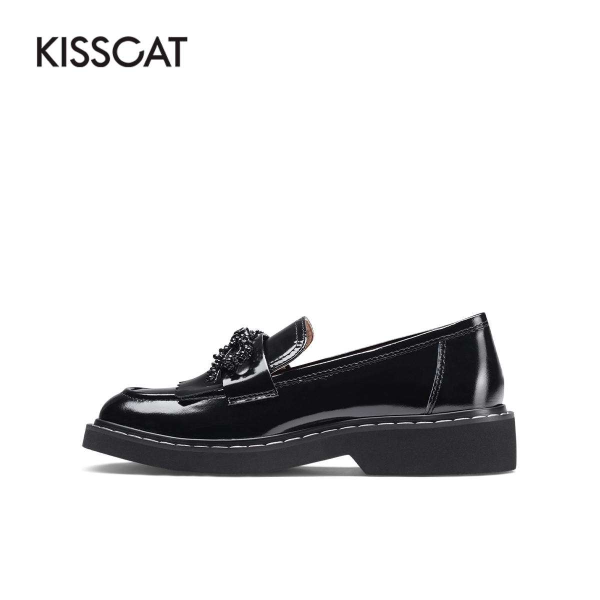 88VIP：KISSCAT 接吻猫 [清仓]接吻猫小皮鞋蝴蝶结牛皮单鞋学院JK风平底一脚蹬