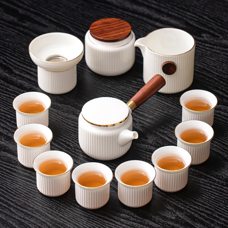 苏氏陶瓷 SUSHI CERAMICS）羊脂玉白瓷茶具套装实木侧把泡茶壶手工描金茶杯茶