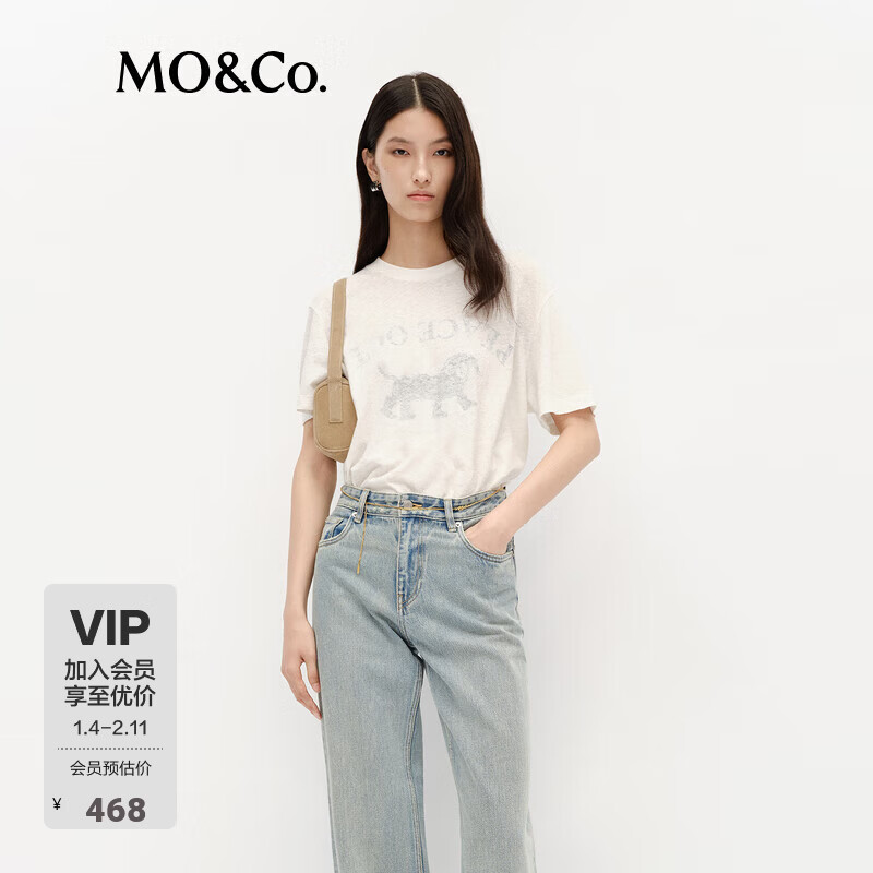 MO&Co. 短袖T恤春浅墨萌宠印花轻薄棉麻MBE1TEEK07淡人穿搭 本白色 XS /155 543元