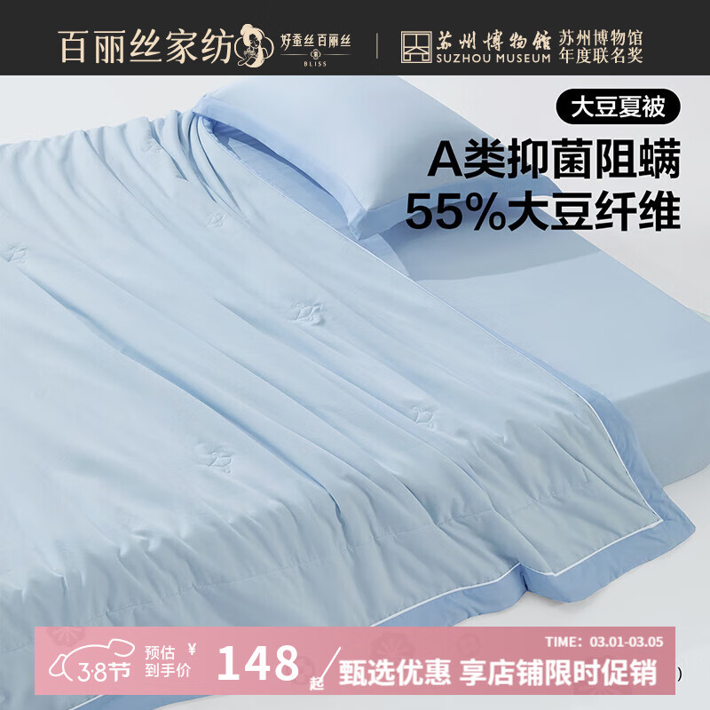 百丽丝 金小豆大豆抗菌夏被 150x210cm 海蓝色 74元（需用券）