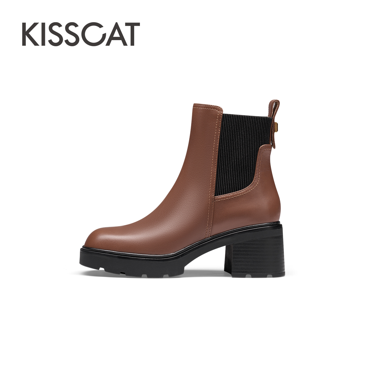 KISSCAT 接吻猫 2023冬季新款经典真皮加绒短靴厚底弹力切西尔靴女 659元（需