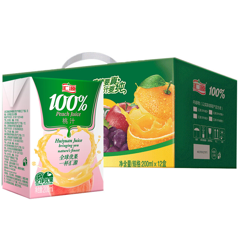 88VIP：汇源 100%桃汁1L*6盒 76.86元（需用券）