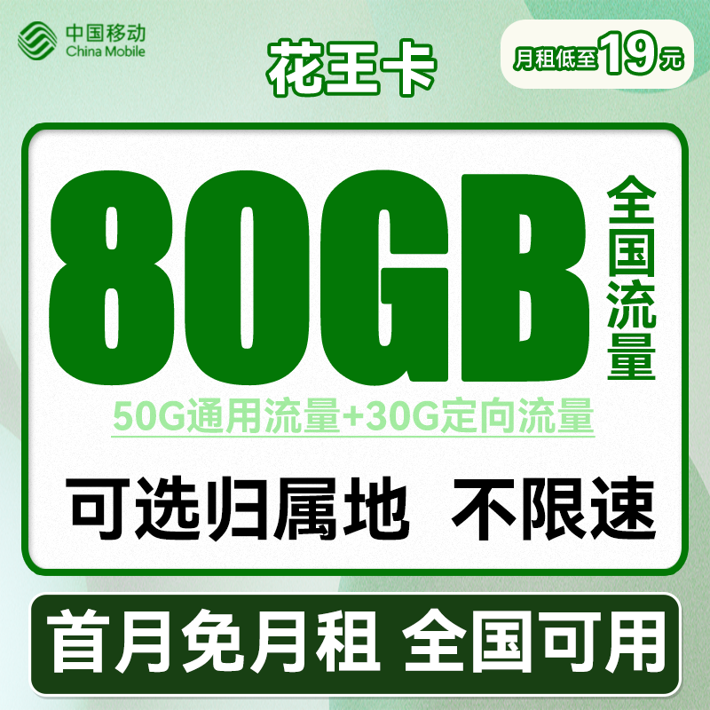 中国移动 花王卡 2-12个月19元月租（50G通用流量+30G定向流量+可选归属地） 0.