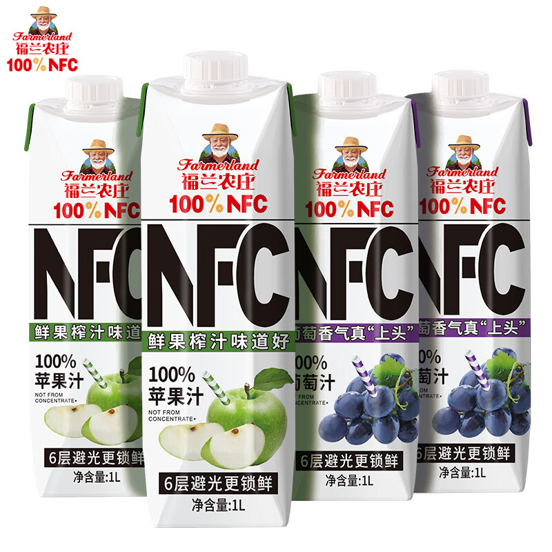 福兰农庄 Farmerland NFC纯鲜榨果汁（葡萄汁1L*2瓶+苹果汁1L*2瓶 ） 44.9元（需用