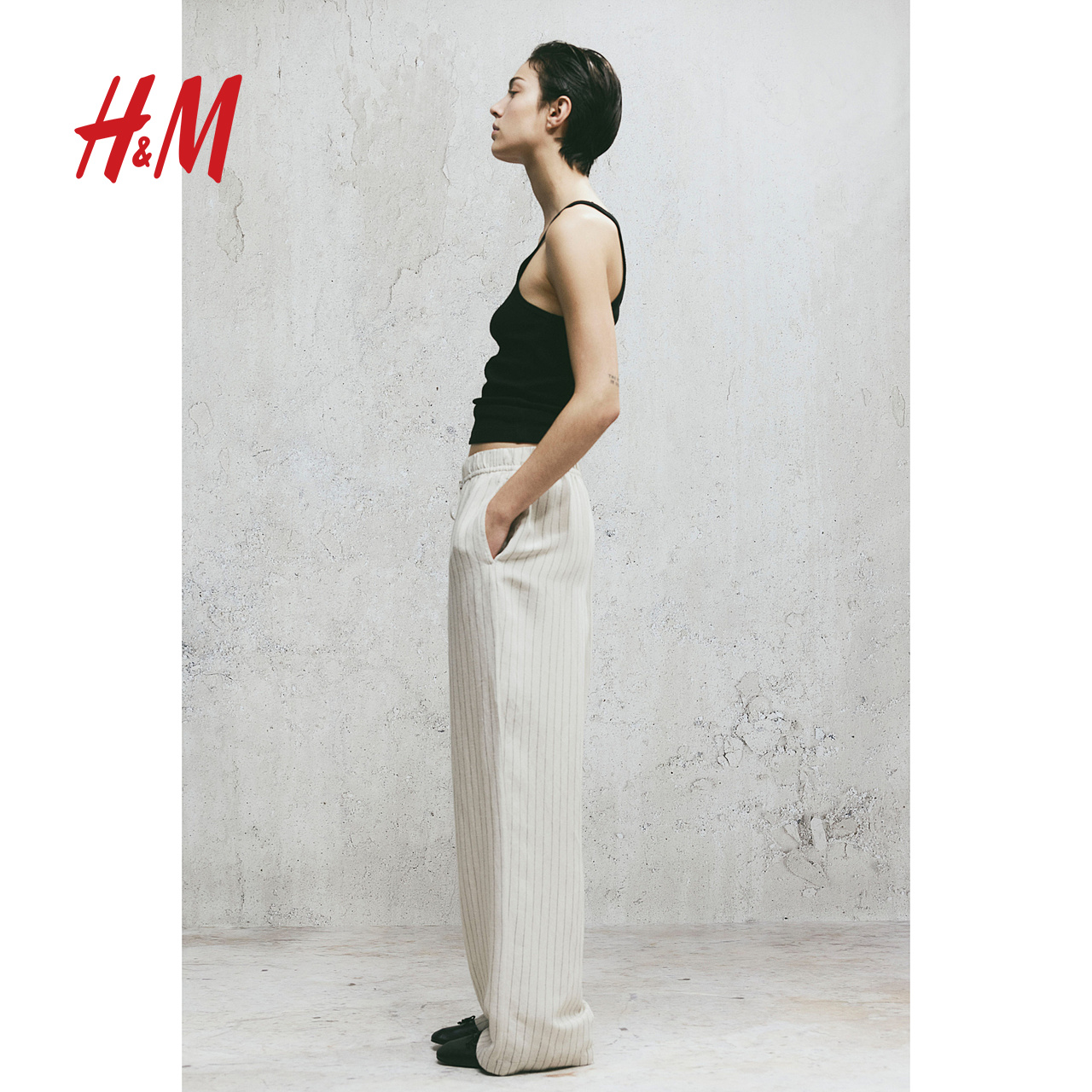 H&M HM2024春季新款女装亚麻混纺松紧腰阔腿长裤1138003 112.93元（需买3件，共338