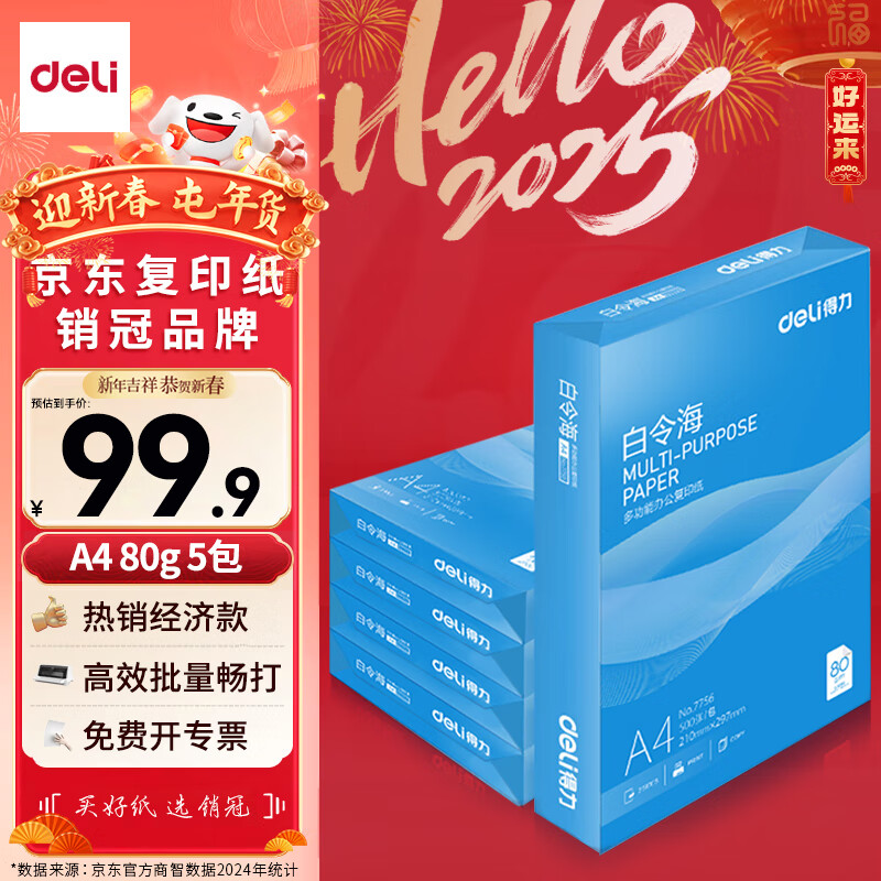 deli 得力 白令海 80g A4 复印纸 打印纸 500张/包 5包/箱（整箱2500张） 99.9元