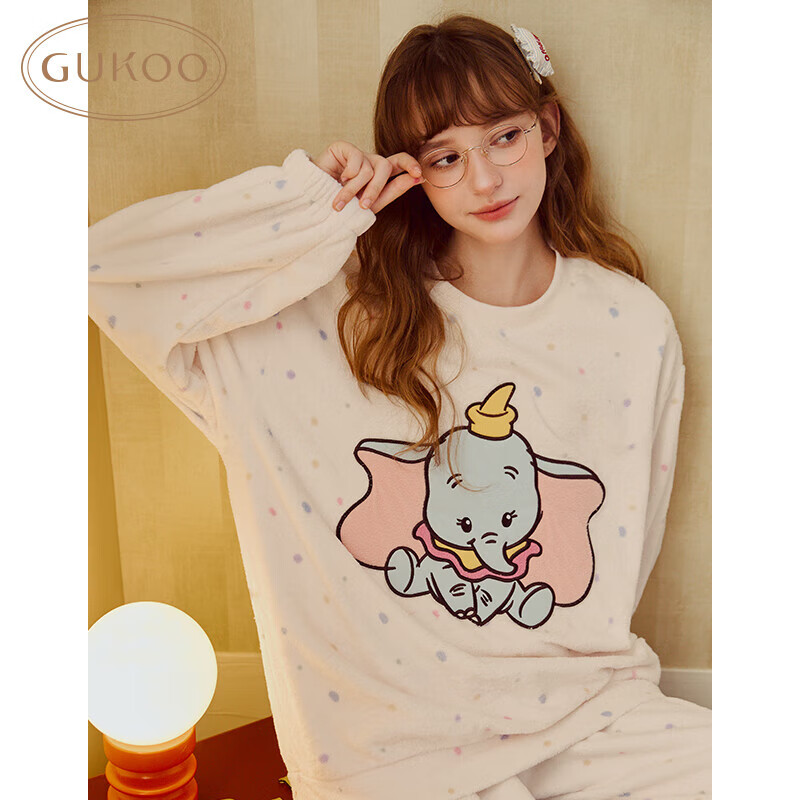 GUKOO 果壳 睡衣女冬季迪士尼小飞象联名毛绒保暖卡通可爱女士家居服套装D 