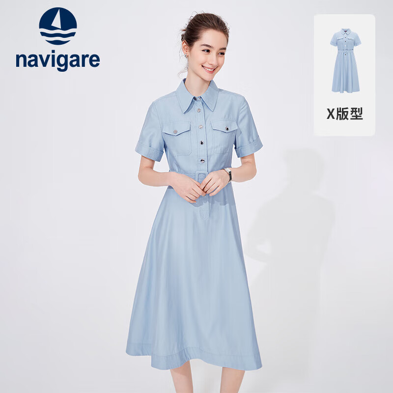 navigare 纳维凯尔 意大利小帆船女士短袖衬衫裙中长款连衣裙2322874504 蓝 M 1283