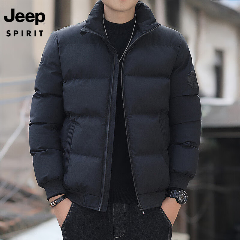 移动端：JEEP SPIRIT 吉普 棉服男黑色立领冬季加绒加厚棉衣外套男士保暖棉袄