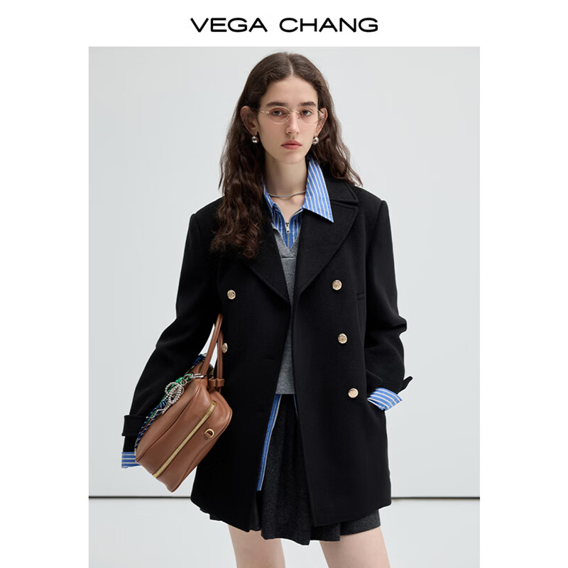 VEGA CHANG 简约翻领毛呢双排扣西装 169元