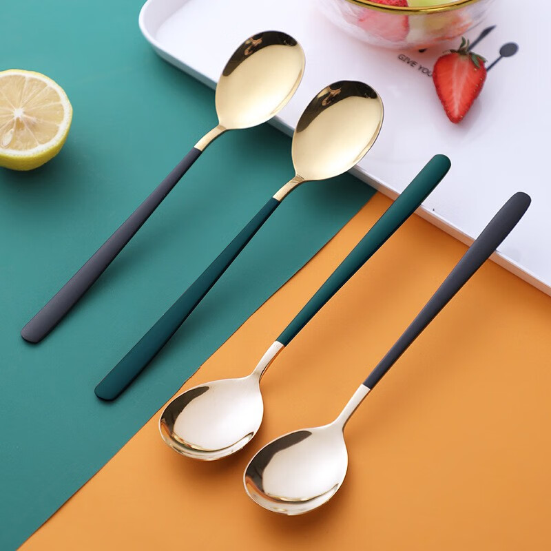 拾画 不锈钢勺子 加厚长柄主餐勺汤勺咖啡勺甜品冰淇淋勺黑绿分色4只装 18.