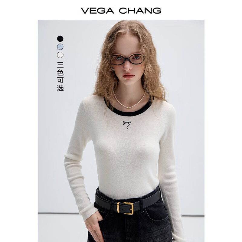 VEGA CHANG 女士针织衫 秋季新款撞色圆领修身显瘦长袖打底上衣 112元