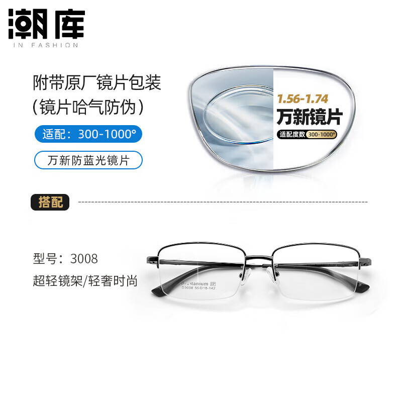 万新 1.60防蓝光镜片 商务镜架