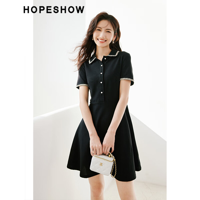 HOPESHOW 红袖 气质显瘦小黑裙春夏季新款女装香风收腰POLO领高级别致流行连