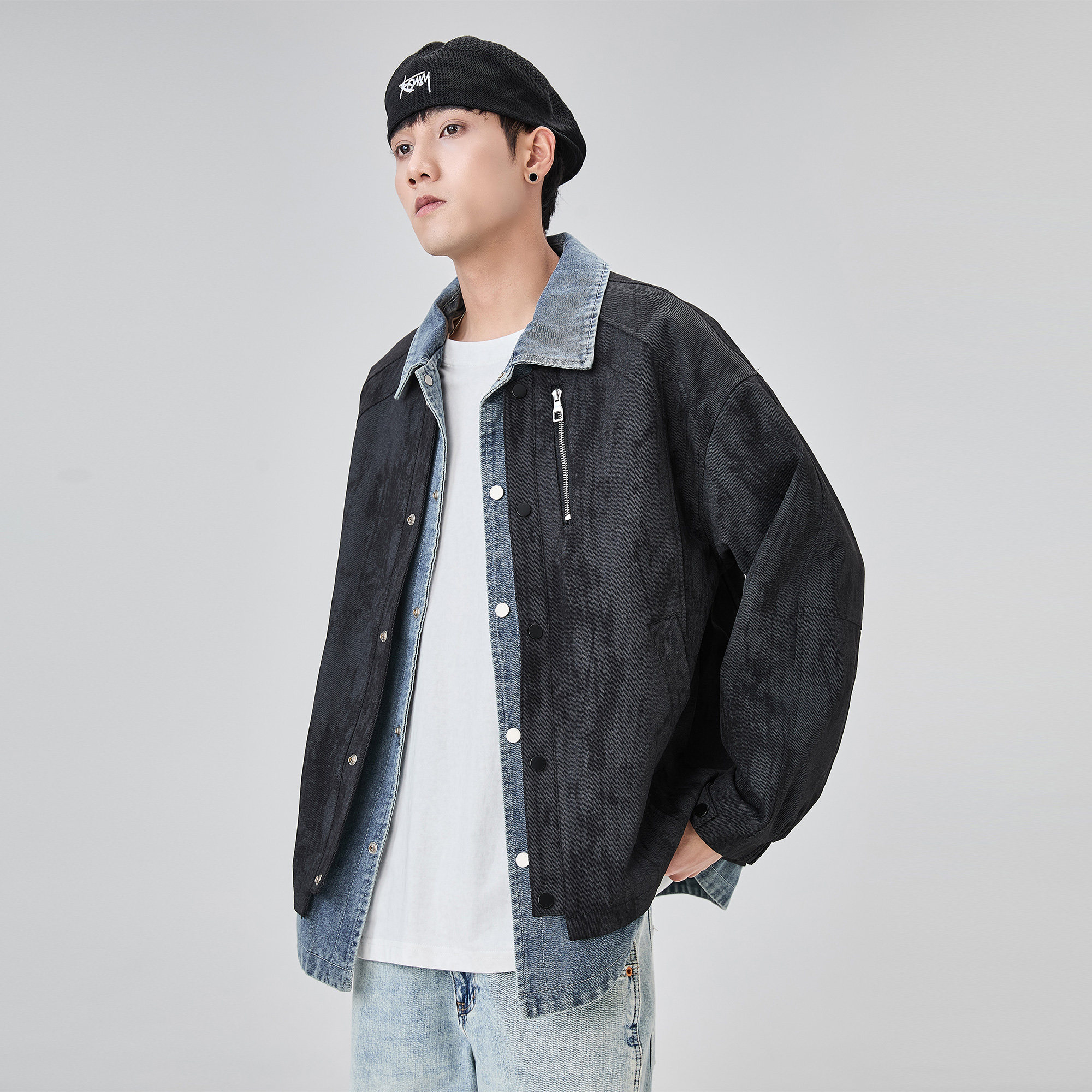 all in ALLIN 男士牛仔拼接假两件翻领夹克 AGJ4523 269元