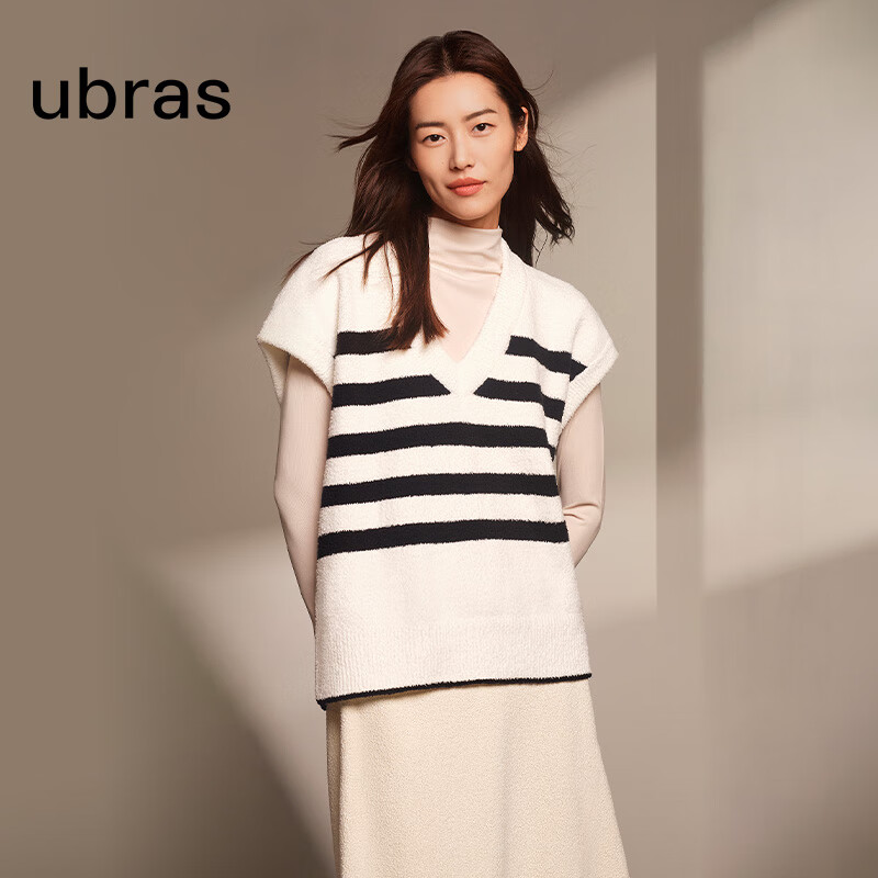 Ubras 23年慕斯绒条纹V领廓形背心家居服女睡衣女 白色 S 79元