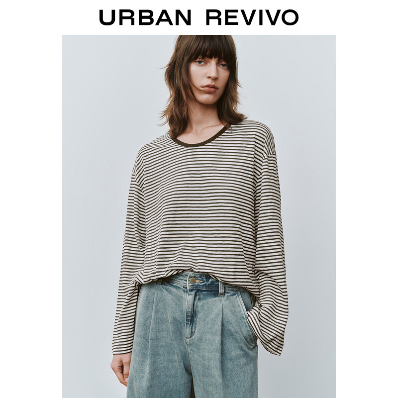 URBAN REVIVO UR2024秋季女装慵懒休闲简约撞色条纹长袖T恤UWH440096 棕色条纹 XS 119