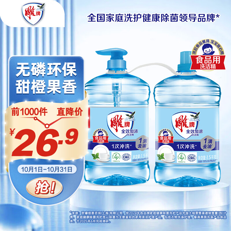 雕牌 全效加浓洗洁精 1.5kg*2瓶 26.9元