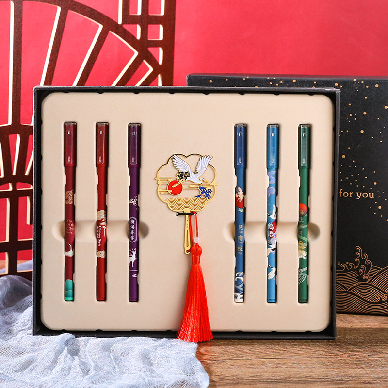 子曰 创意中性笔礼盒套装中国风复古签字笔学生折扇金属书签故宫文创企业