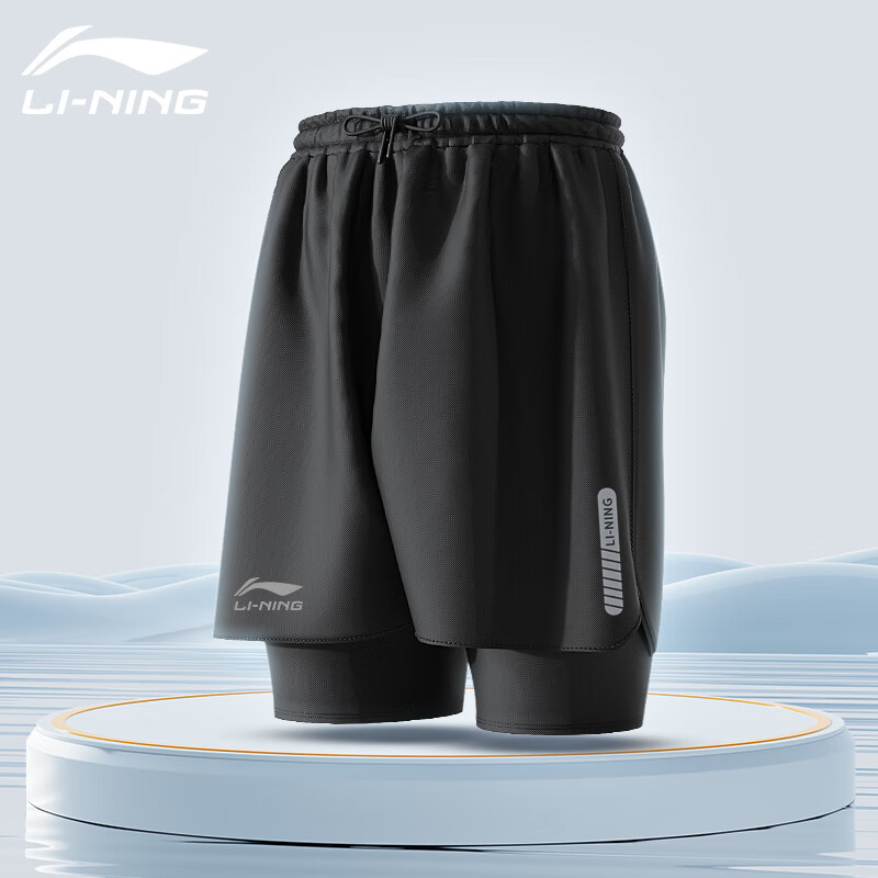 LI-NING 李宁 短裤男夏季跑步运动裤子健身二合一五分裤沙滩裤速干透气裤黑